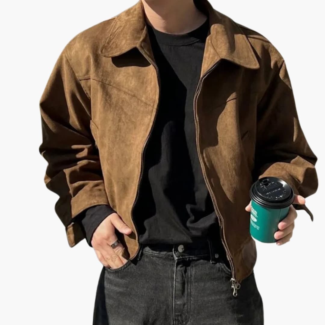 Men's faux suede zip jacket with point collar, long sleeves, and buttoned cuffs in casual modern fit