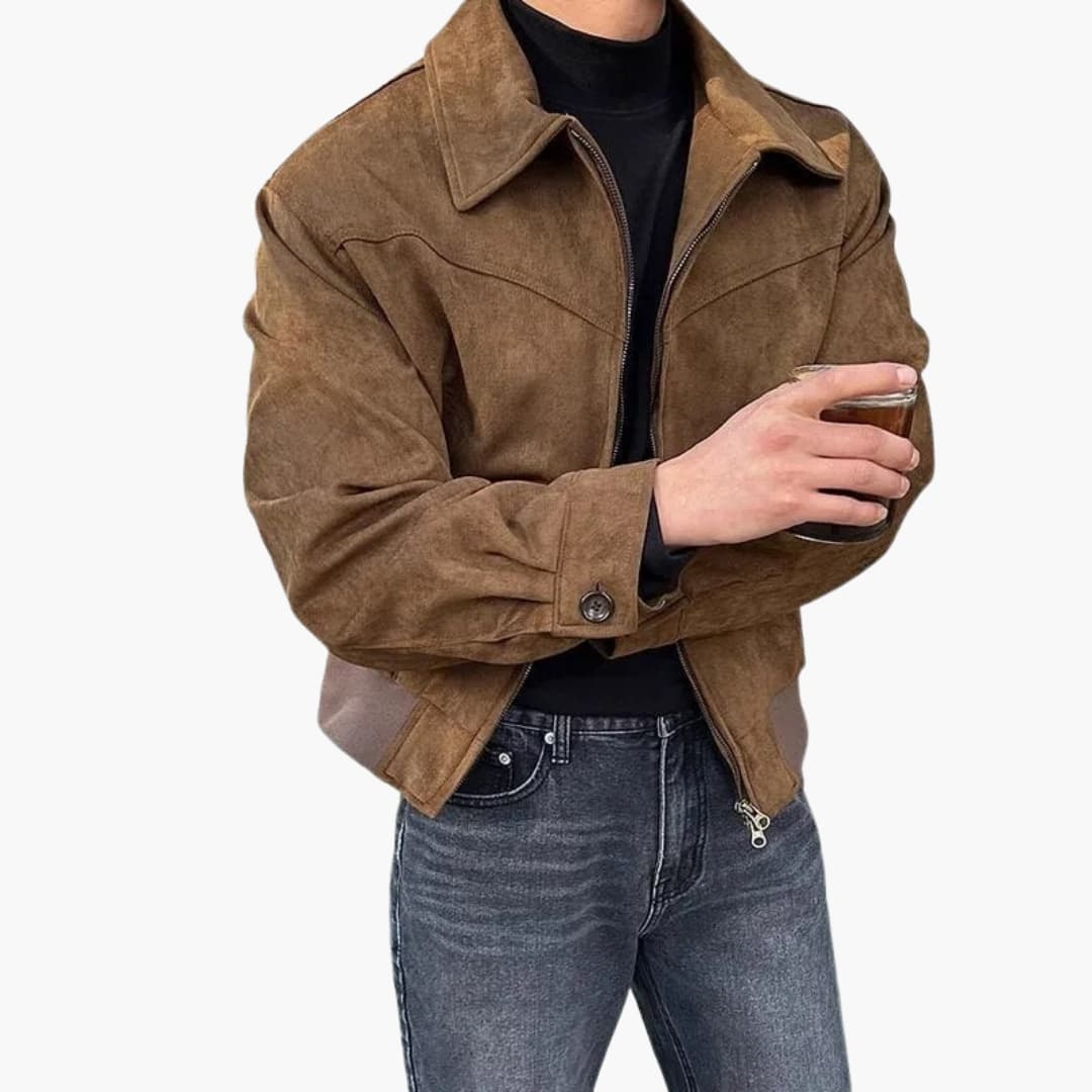Men's faux suede zip-front jacket with point collar, long sleeves, and buttoned cuffs for casual wear