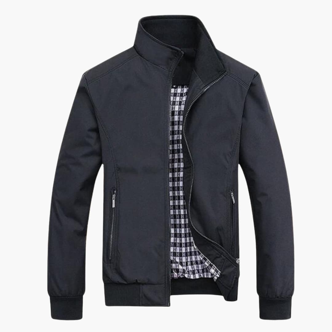 Men's zip-up jacket with stand-up collar, check lining, and zippered pockets for versatile layering