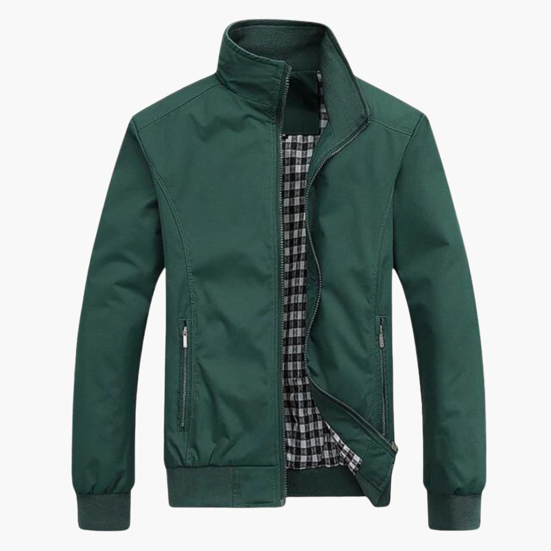 Men's zip-front jacket with stand-up collar, check lining, and zippered pockets for versatile style