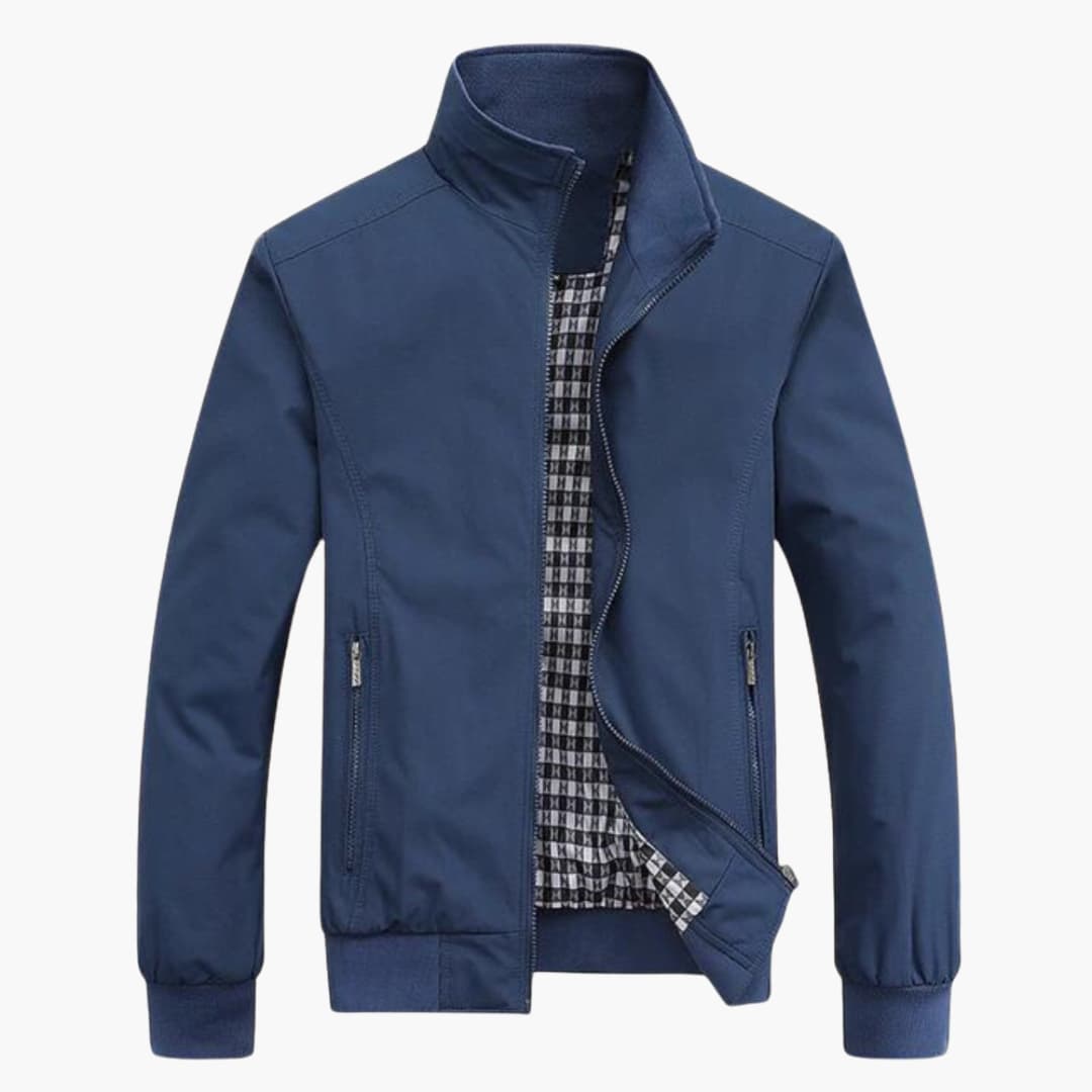 Men's zip-front jacket with stand-up collar, check lining, and zippered pockets for versatile style