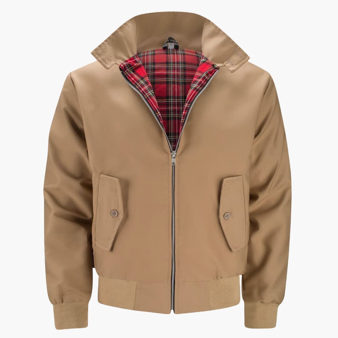 Men's navy Harrington jacket zip-front ribbed hem cuffs tartan lining classic structured outerwear
