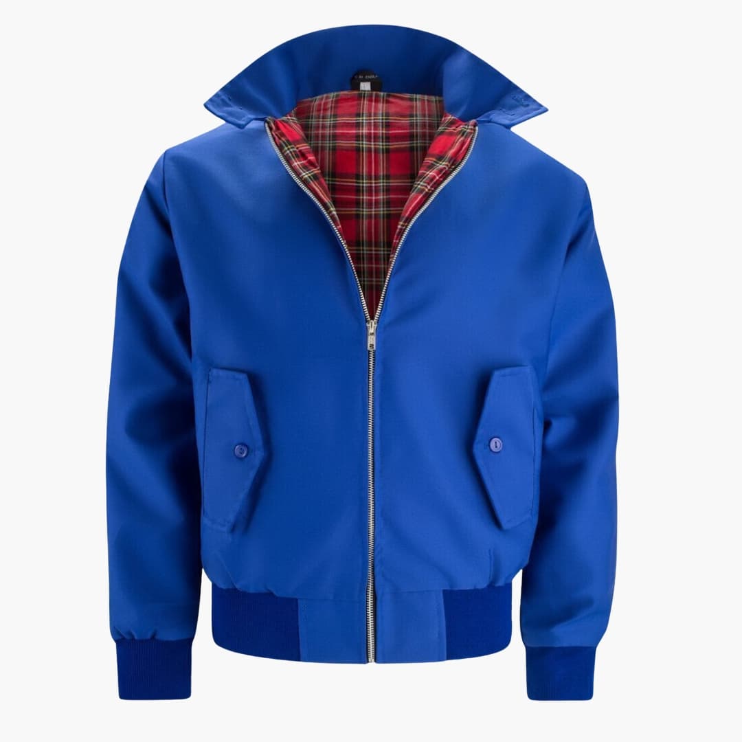 Men's navy Harrington jacket zip-front classic cut ribbed hem cuffs tartan checked lining outerwear