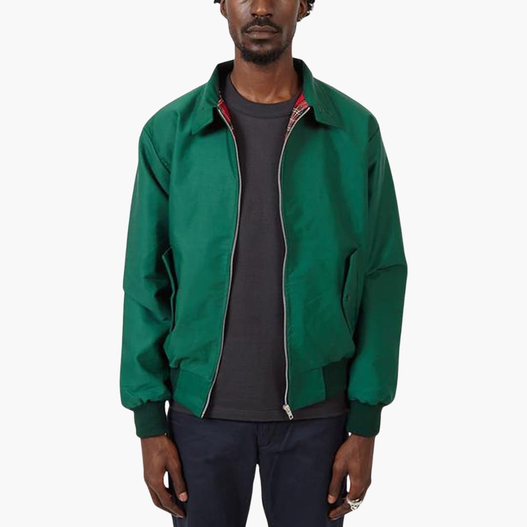 Men's navy Harrington jacket zip-front closure ribbed hem cuffs tartan lined classic outerwear