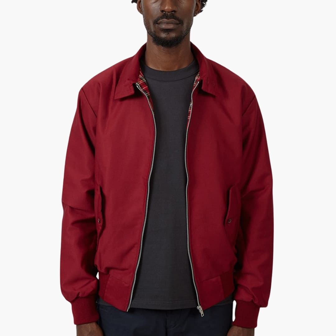 Men's navy Harrington jacket zip-front closure ribbed cuffs tartan lining classic outerwear