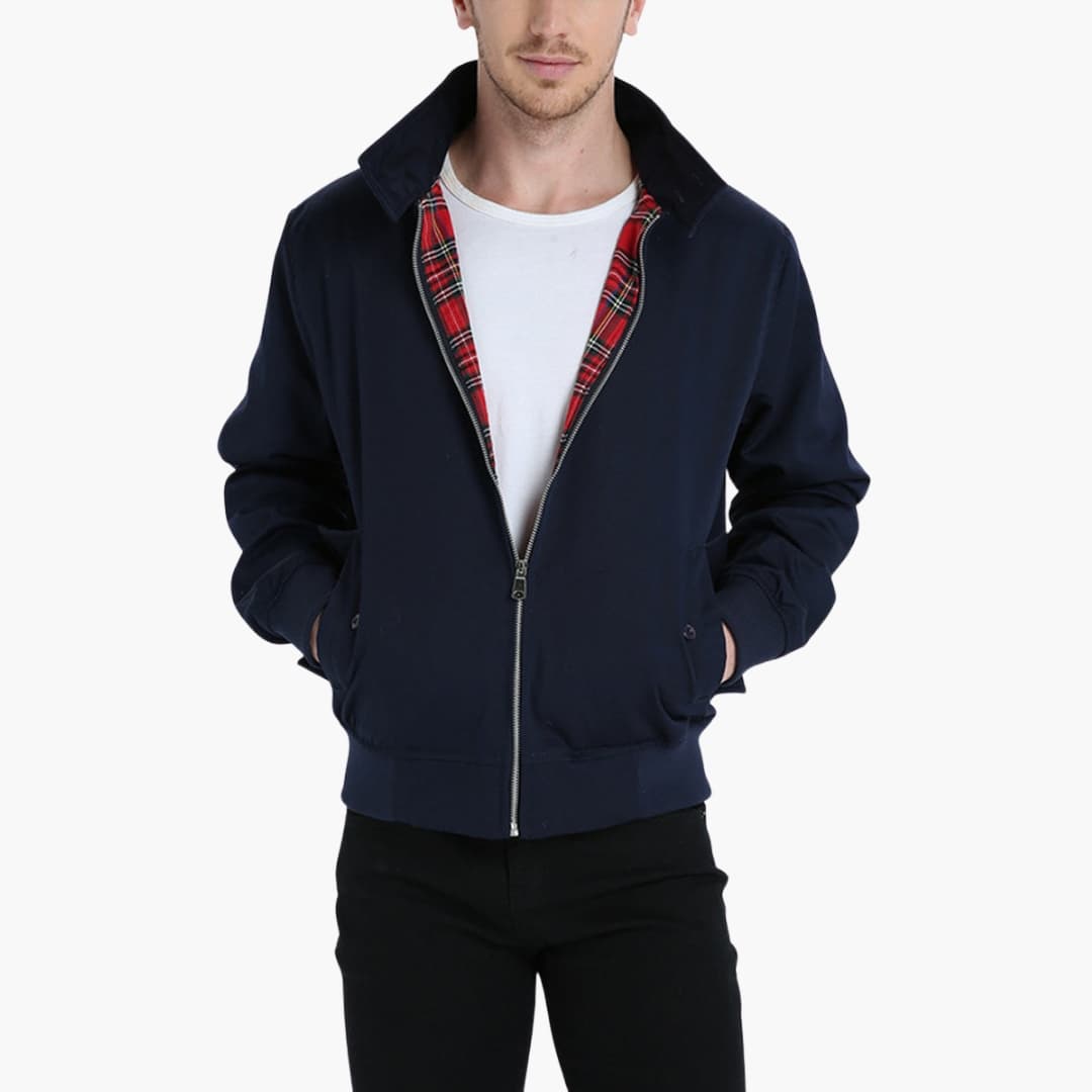 Men's classic Harrington jacket zip-front navy outerwear ribbed hem cuffs tartan lining durable style
