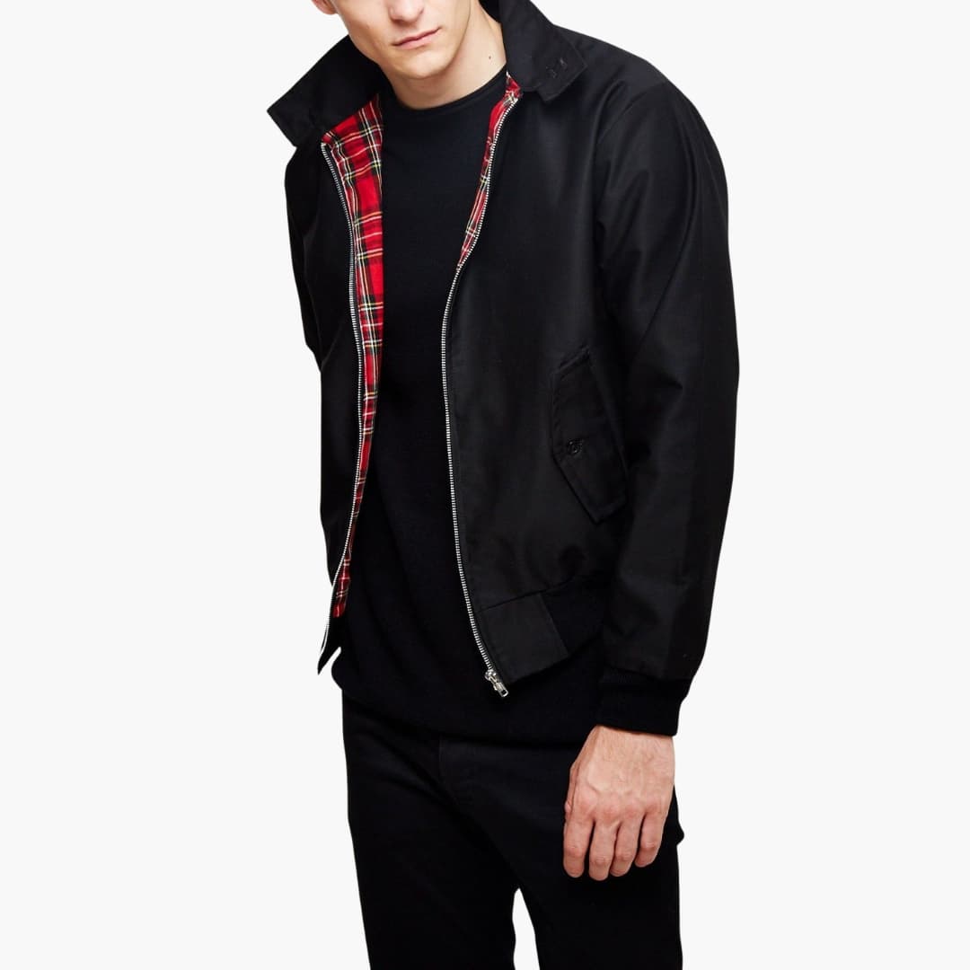 Men's navy Harrington jacket zip-front ribbed hem cuffs tartan lined classic outerwear