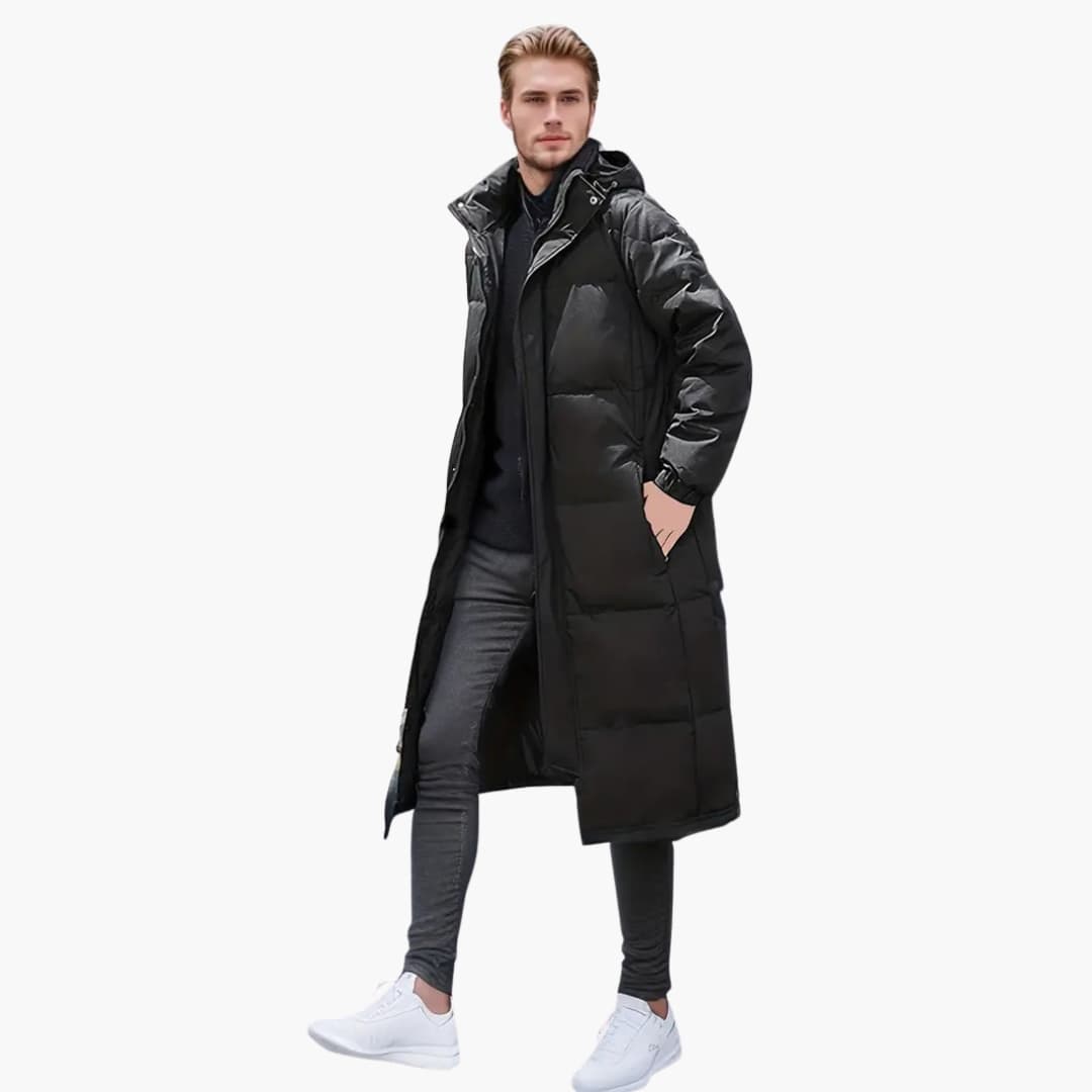 Men's long quilted winter jacket with hood, full-zip cold weather coat with knee-length insulated fit