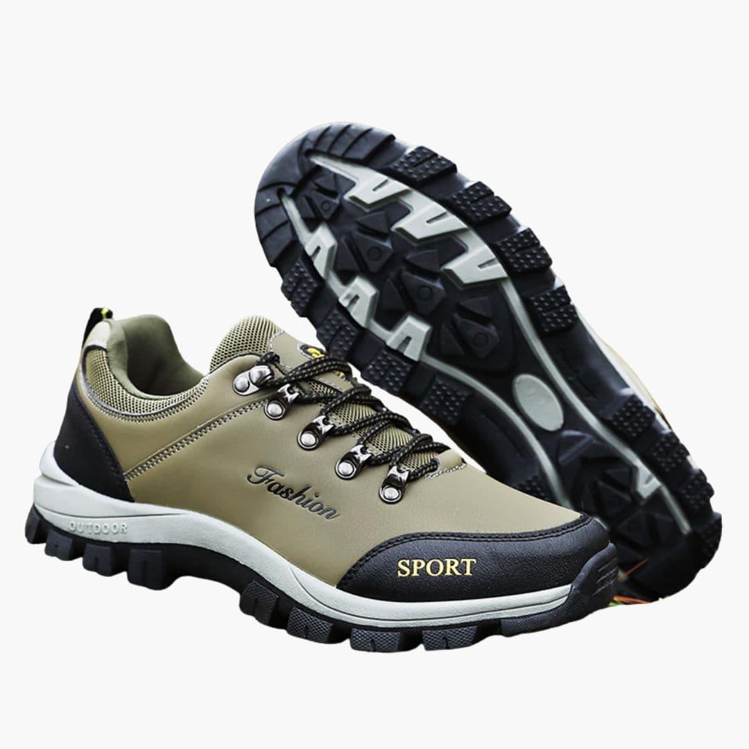 Men's lace-up hiking shoes with padded collar, textured outsole, and synthetic upper for trail support