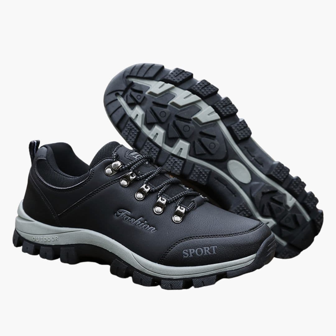 Men's lace-up hiking shoes with padded collar, textured outsole, and synthetic upper for trail support