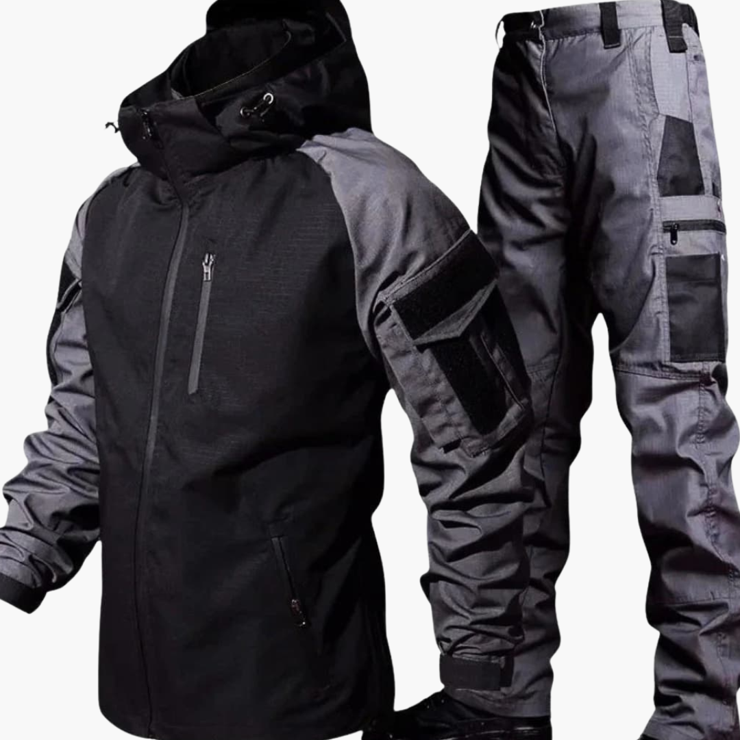 Men's outdoor jacket and pants set high collar zip front multi-pocket all-weather two-piece coord