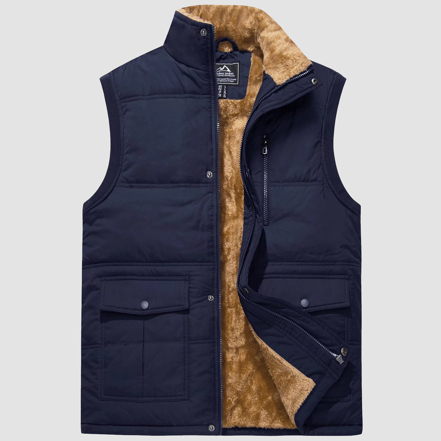 Men's windproof fleece lined sleeveless vest jacket with stand collar and 4 pockets