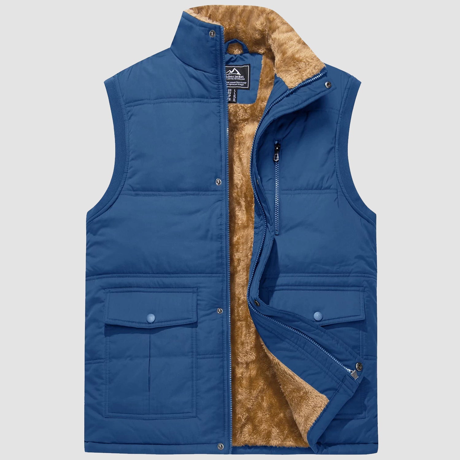 Men's windproof fleece lined sleeveless vest jacket with stand collar and 4 pockets