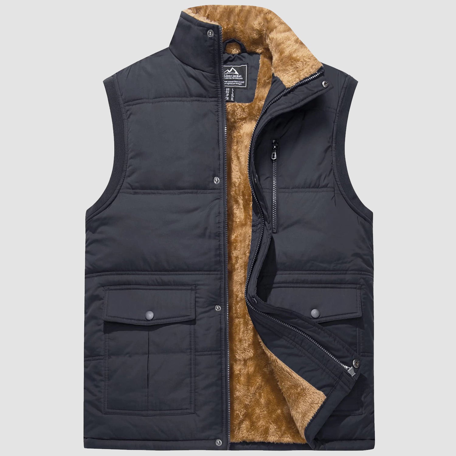 Men's windproof fleece lined sleeveless vest jacket with stand collar and 4 pockets