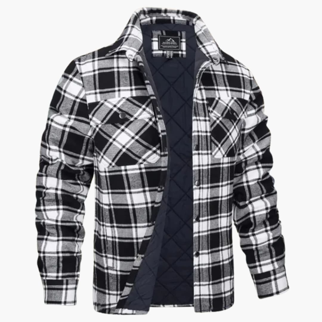 Men's plaid button-up jacket with quilted lining, structured collar, snap fasteners, fall layering piece