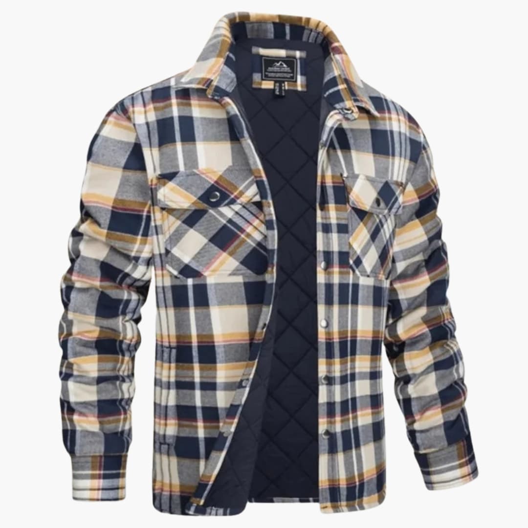 Men's plaid button-up jacket with quilted lining, structured collar, snap closure, fall layering piece
