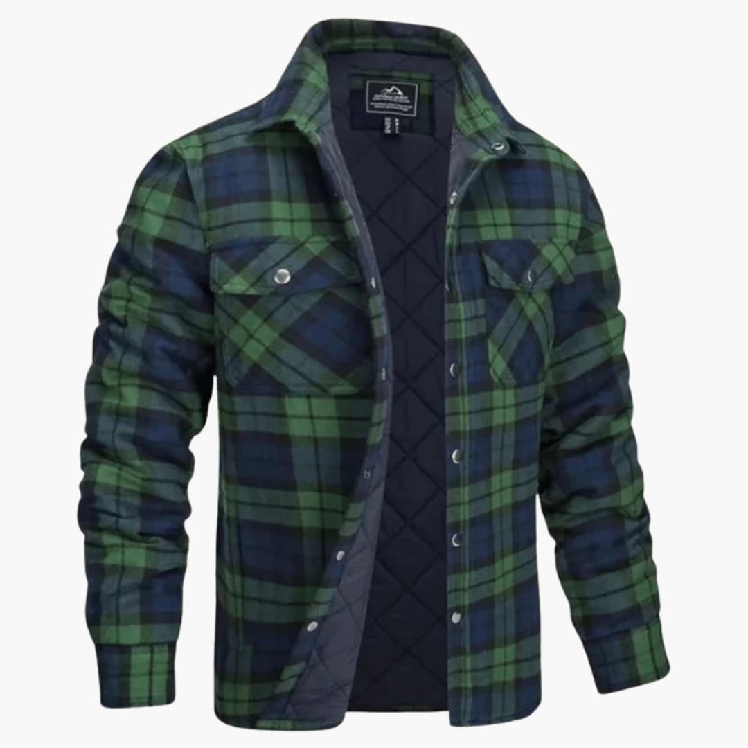 Men's plaid button-up jacket with quilted lining, structured collar, full snap closure, fall layer