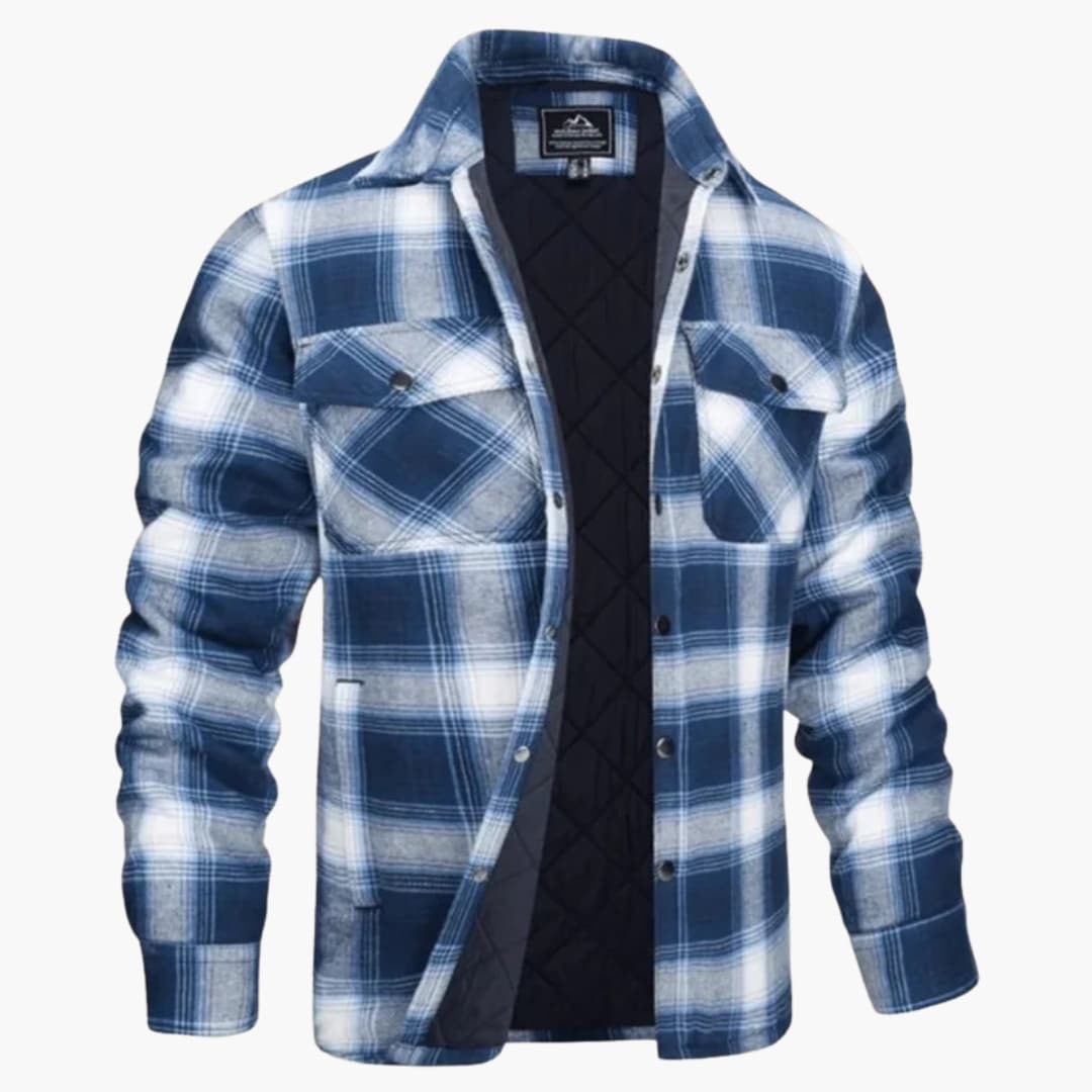 Men's plaid button-up jacket with quilted lining, structured collar, snap fasteners, fall layering piece