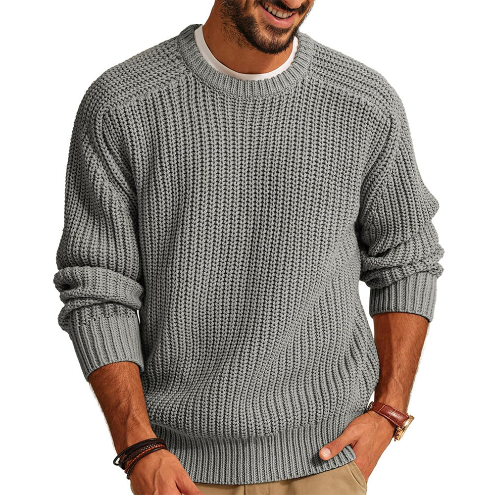 Men's chunky knit crewneck sweater mid-weight textured ribbed neckline layerable casual comfort