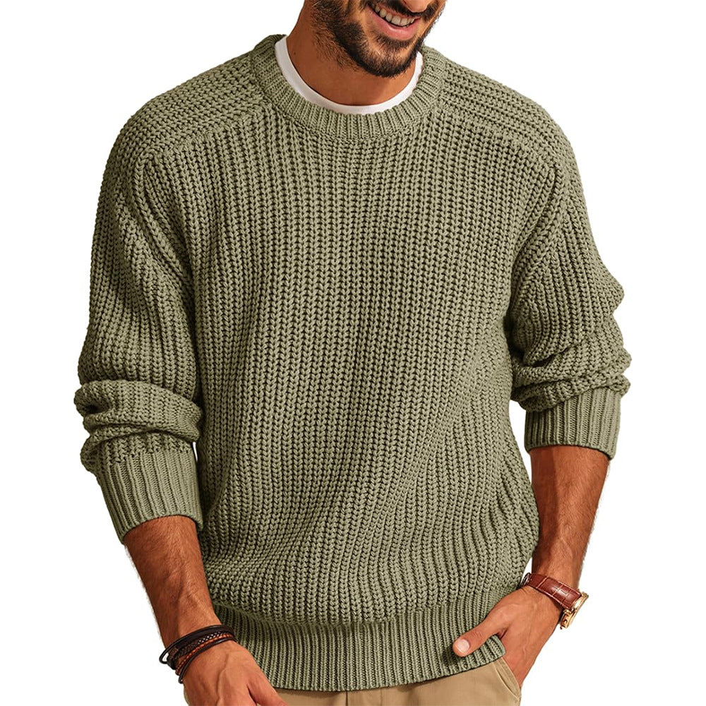 Men's chunky knit crewneck sweater mid-weight ribbed neckline layerable casual warmth
