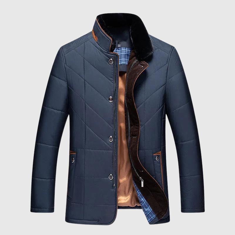 Men's black quilted insulated winter jacket tailored fit fur lined stand collar everyday office style