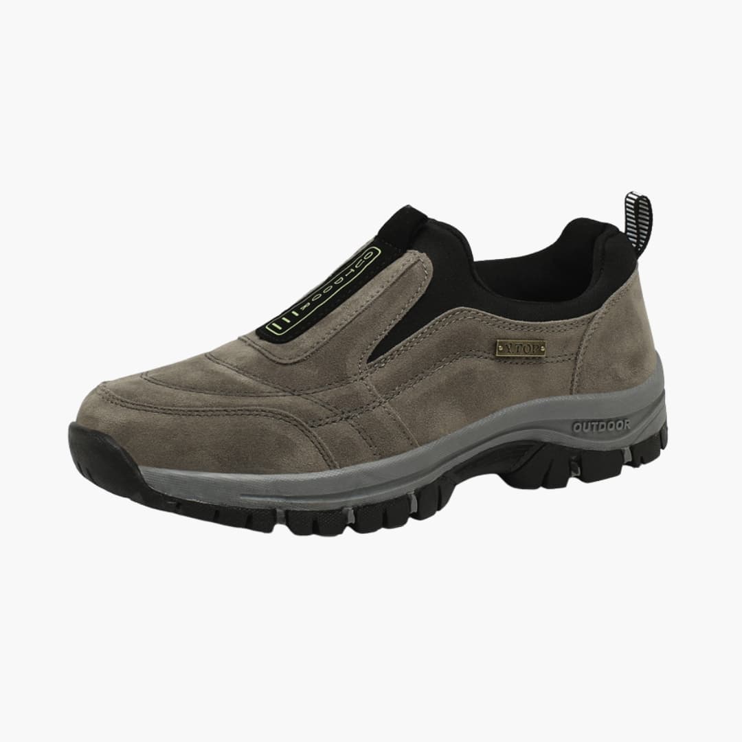 Men's slip-on hiking shoes with padded collar, rugged outsole, and heel pull tab for outdoor trails