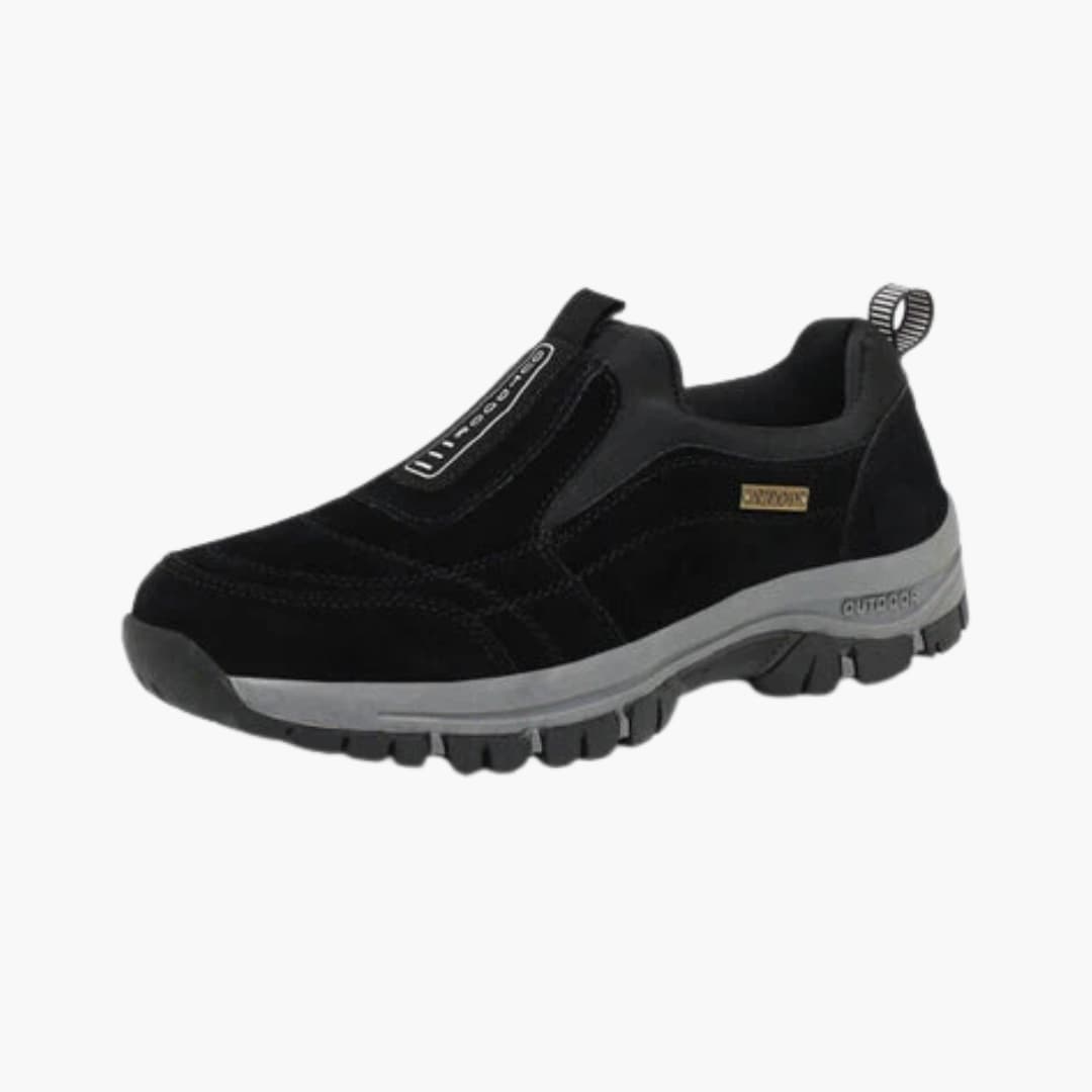 Men's slip-on hiking shoes in rugged brown with padded collar and heel pull tab for trail comfort