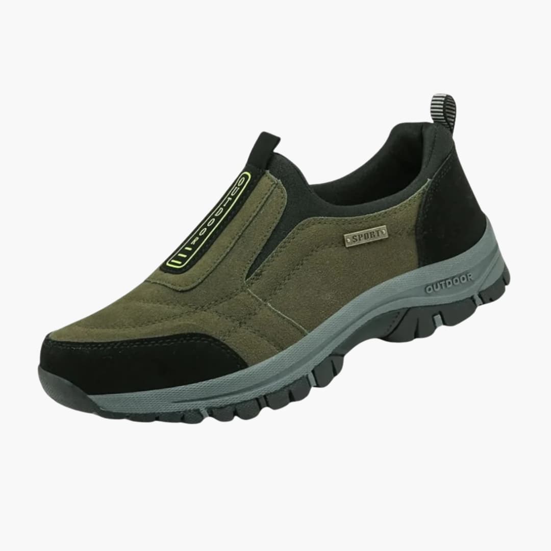 Men's slip-on hiking shoes in earthy tones with padded collar and rugged outdoor sole