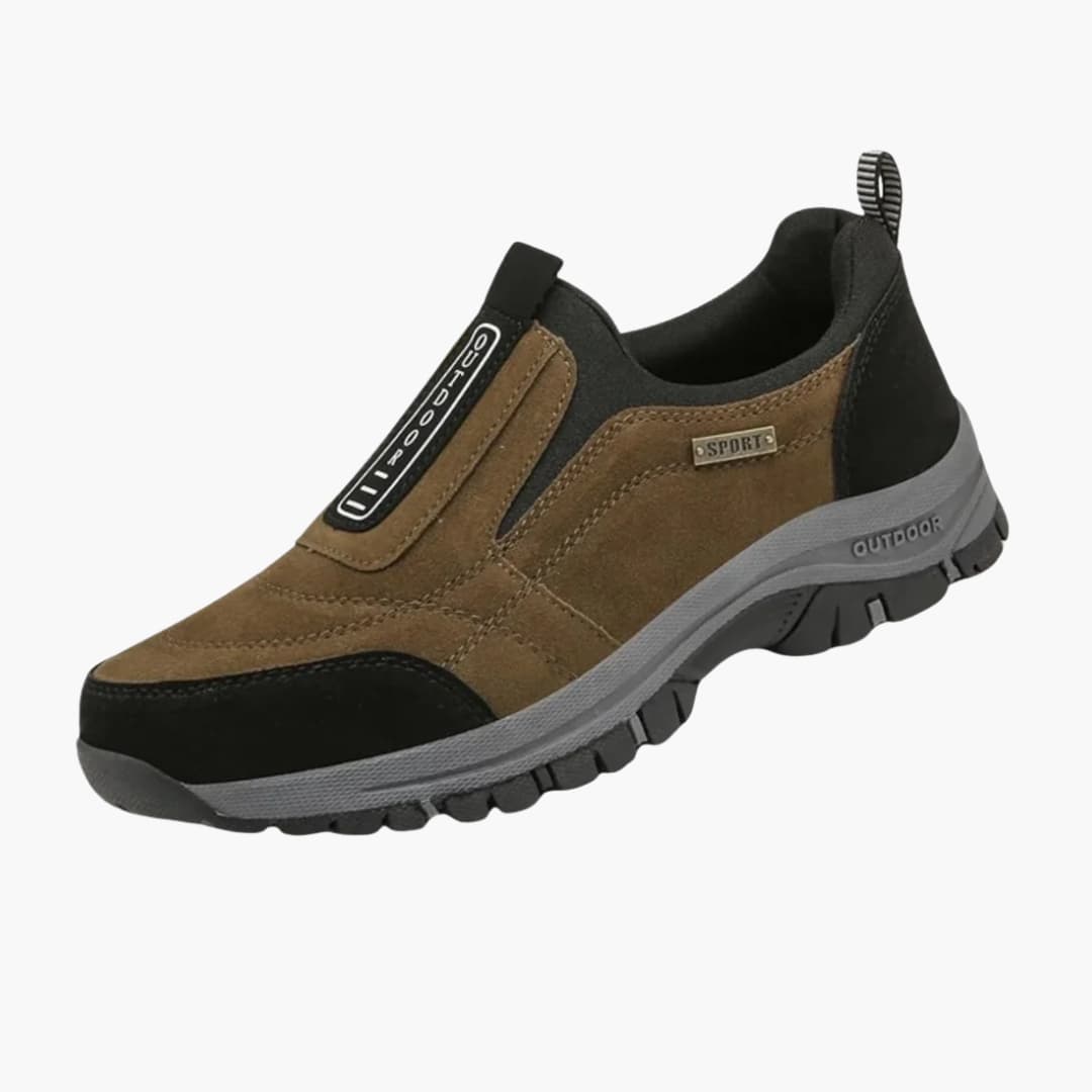 Men's slip-on hiking shoes with padded collar, rugged outsole, and heel pull tab for outdoor comfort
