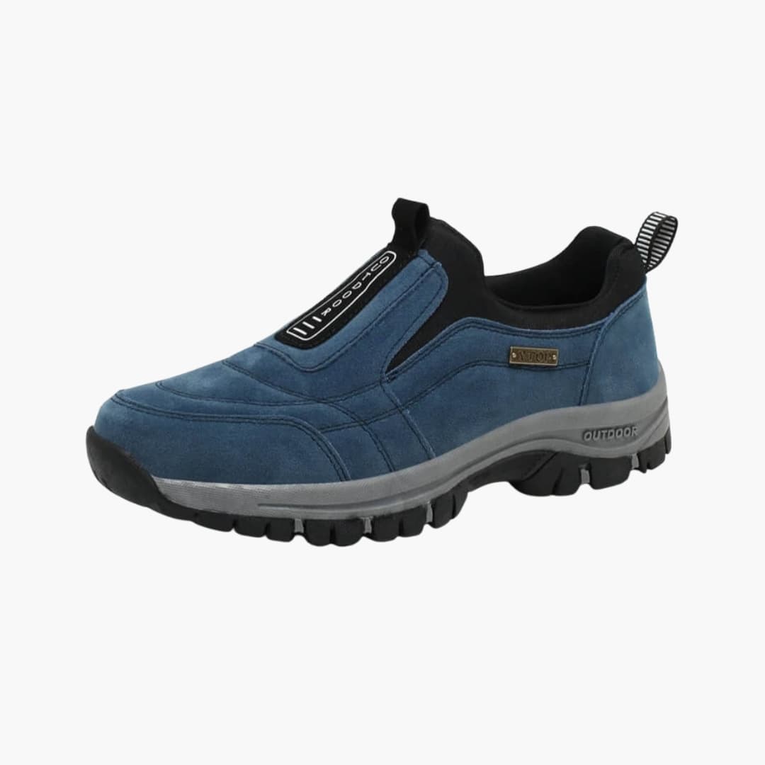 Men's slip-on hiking shoes in rugged neutral tones with padded collar and heel pull tab