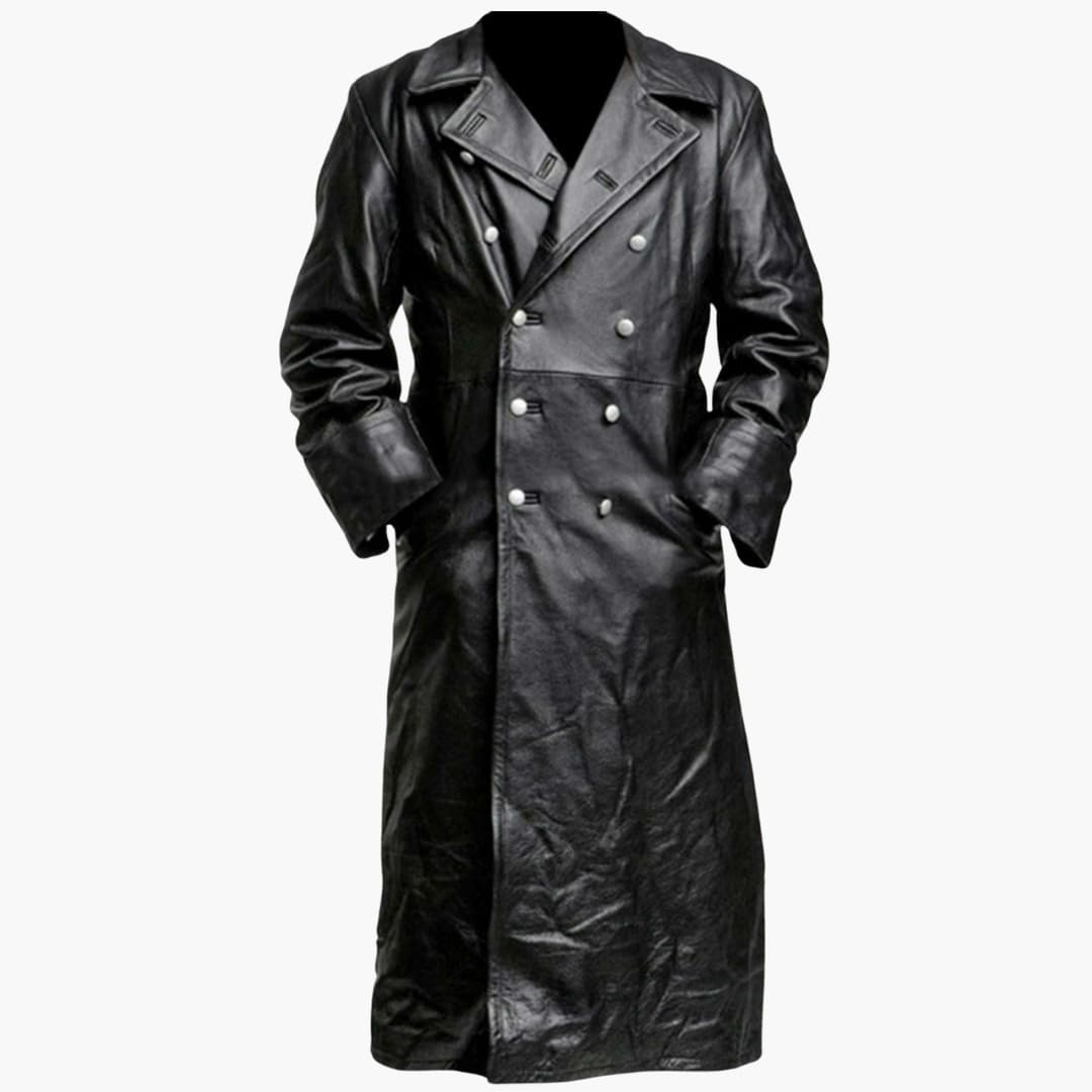 Men's classic trench coat wide lapel collar button front back vent long hem structured silhouette