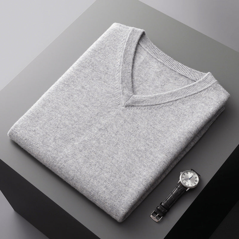 Men's slim fit V-neck wool blend sweater in neutral tone, versatile smart-casual layer for everyday wear