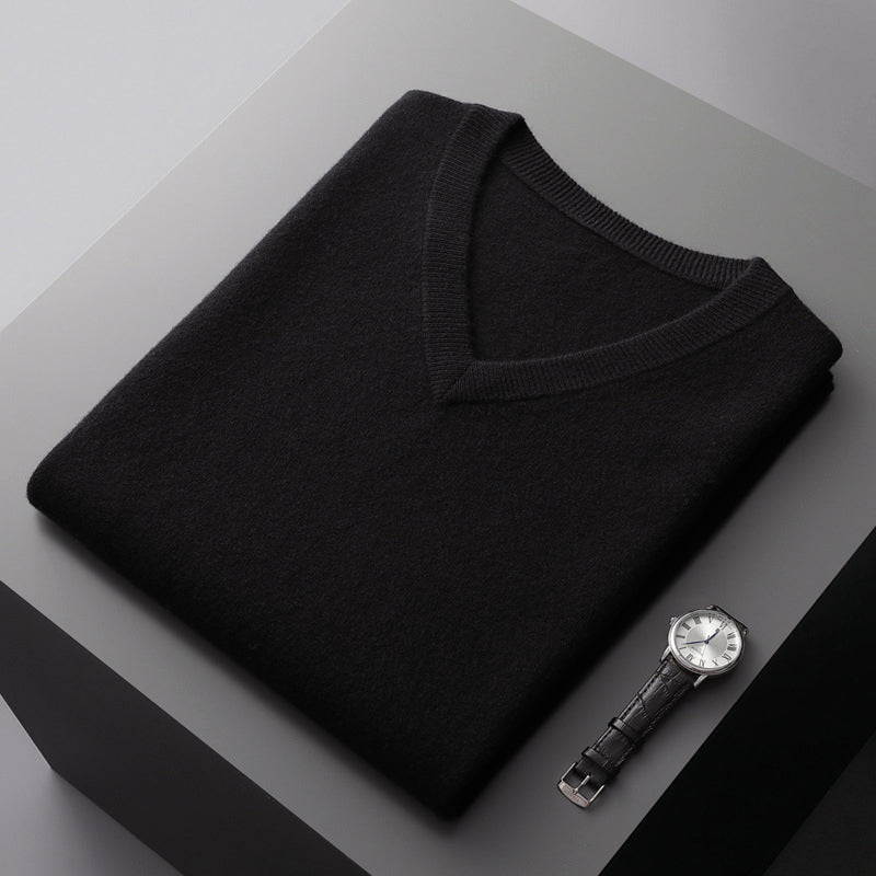 Men's slim fit V-neck wool blend sweater in neutral tone, ideal for smart-casual layering