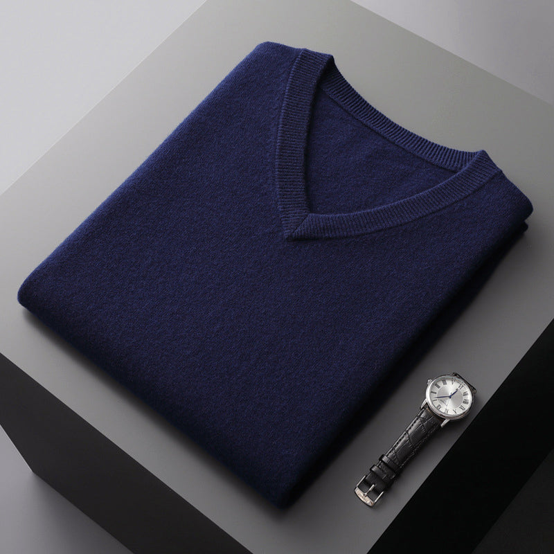 Men's slim fit V-neck wool blend sweater in neutral tone, ideal for smart-casual layering