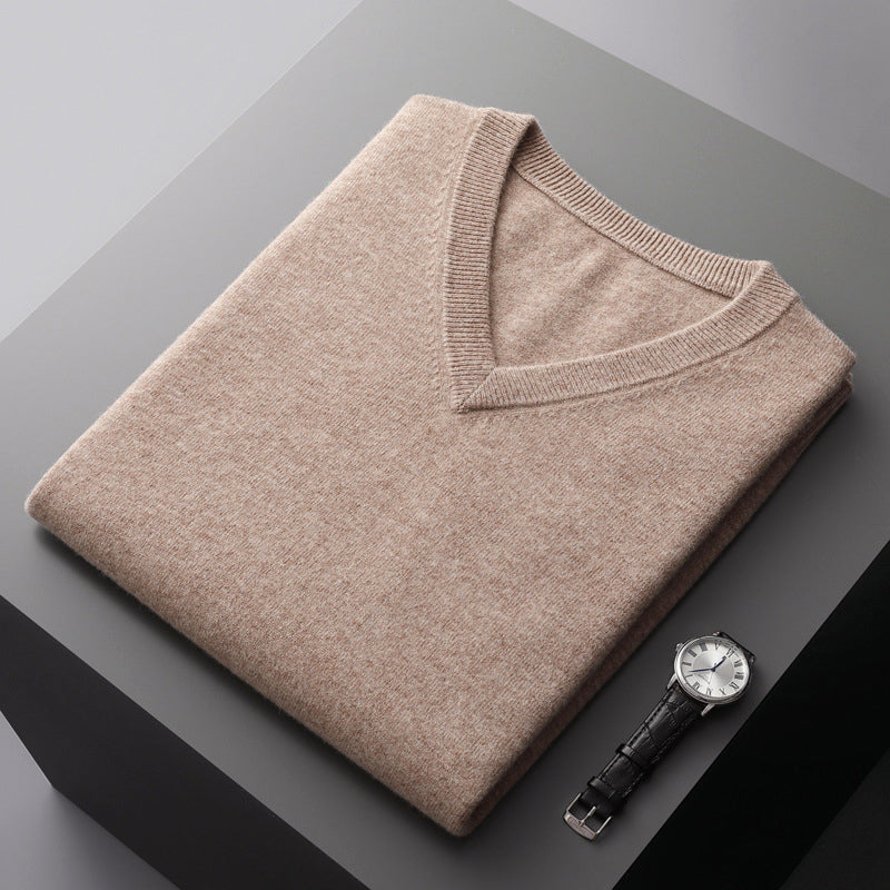 Men's slim fit V-neck wool blend sweater in neutral tone, perfect for smart-casual layering