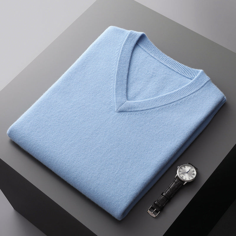 Men's slim fit V-neck wool blend sweater in neutral tone, versatile layering piece for smart-casual wear