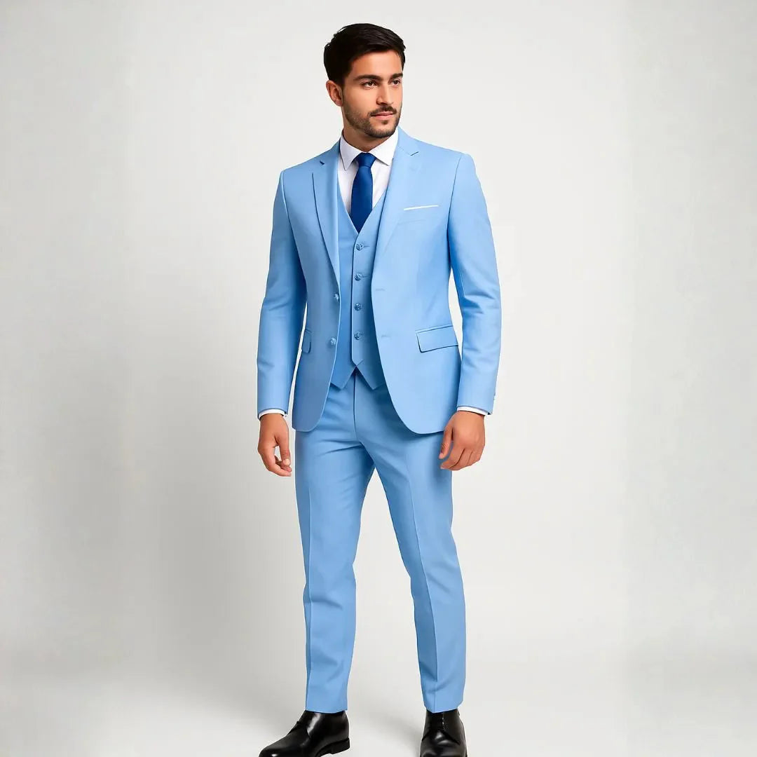Men's navy slim fit 3-piece suit with structured blazer, fitted vest and tailored trousers