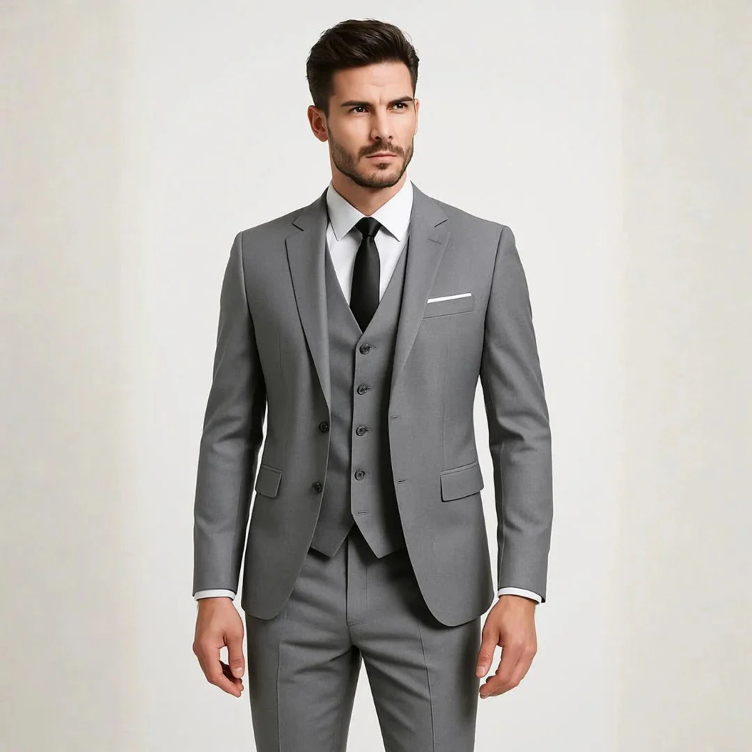 Men's 3-piece slim fit suit dark tone premium fabric blend structured blazer vest trousers modern tailored