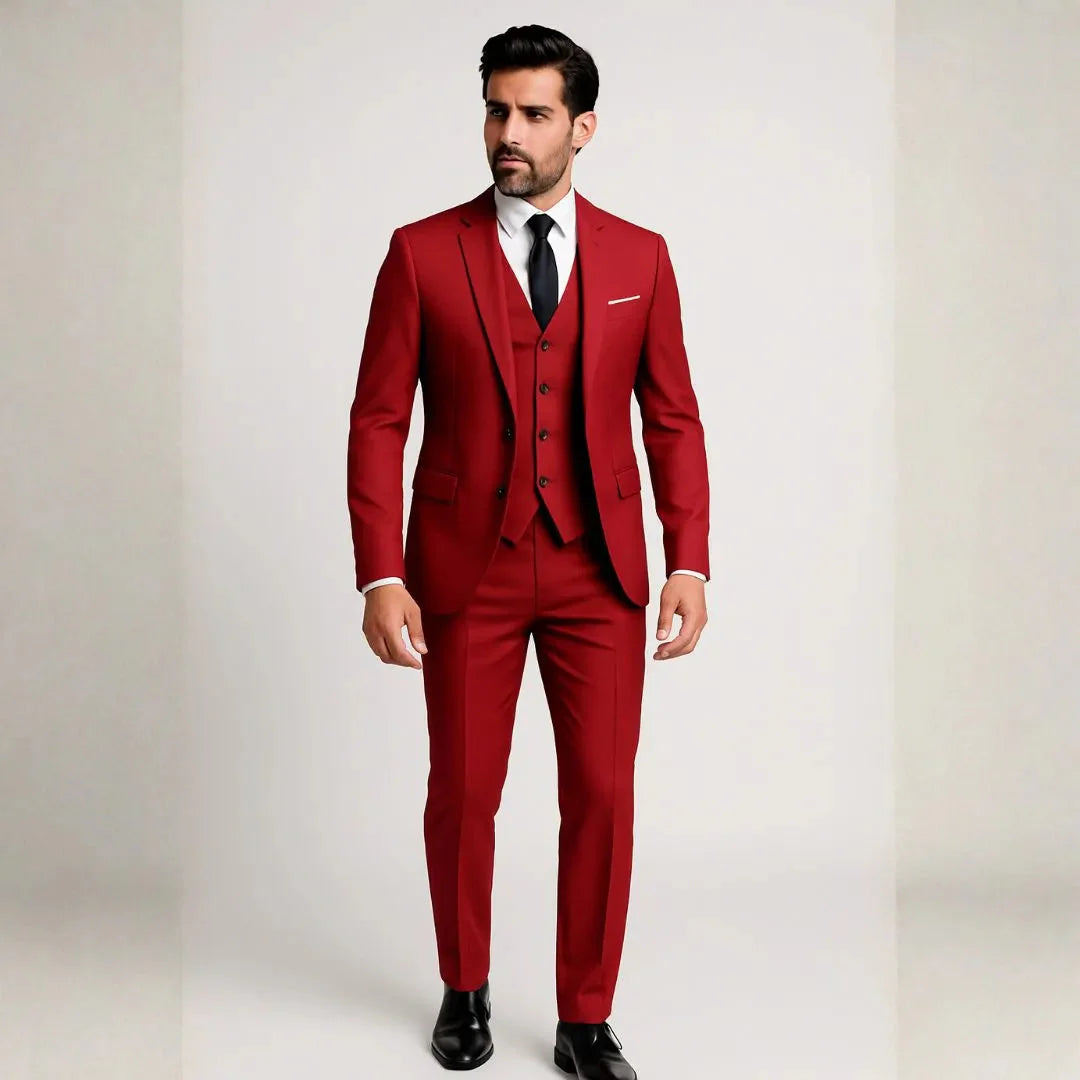 Men's 3-piece slim fit suit navy blue structured blazer vest trousers premium tailored set