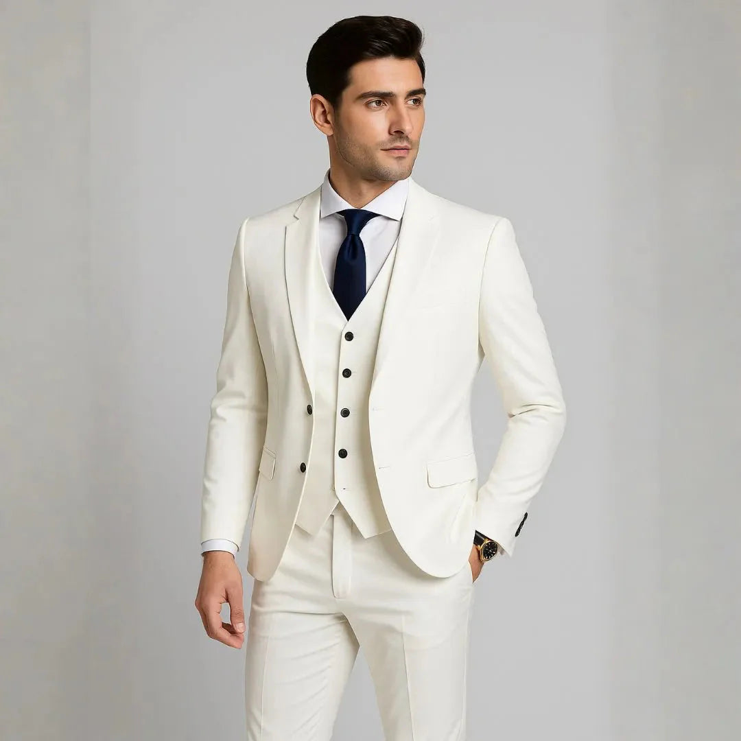 Men's navy slim fit 3-piece suit set with structured blazer, fitted vest and tailored trousers