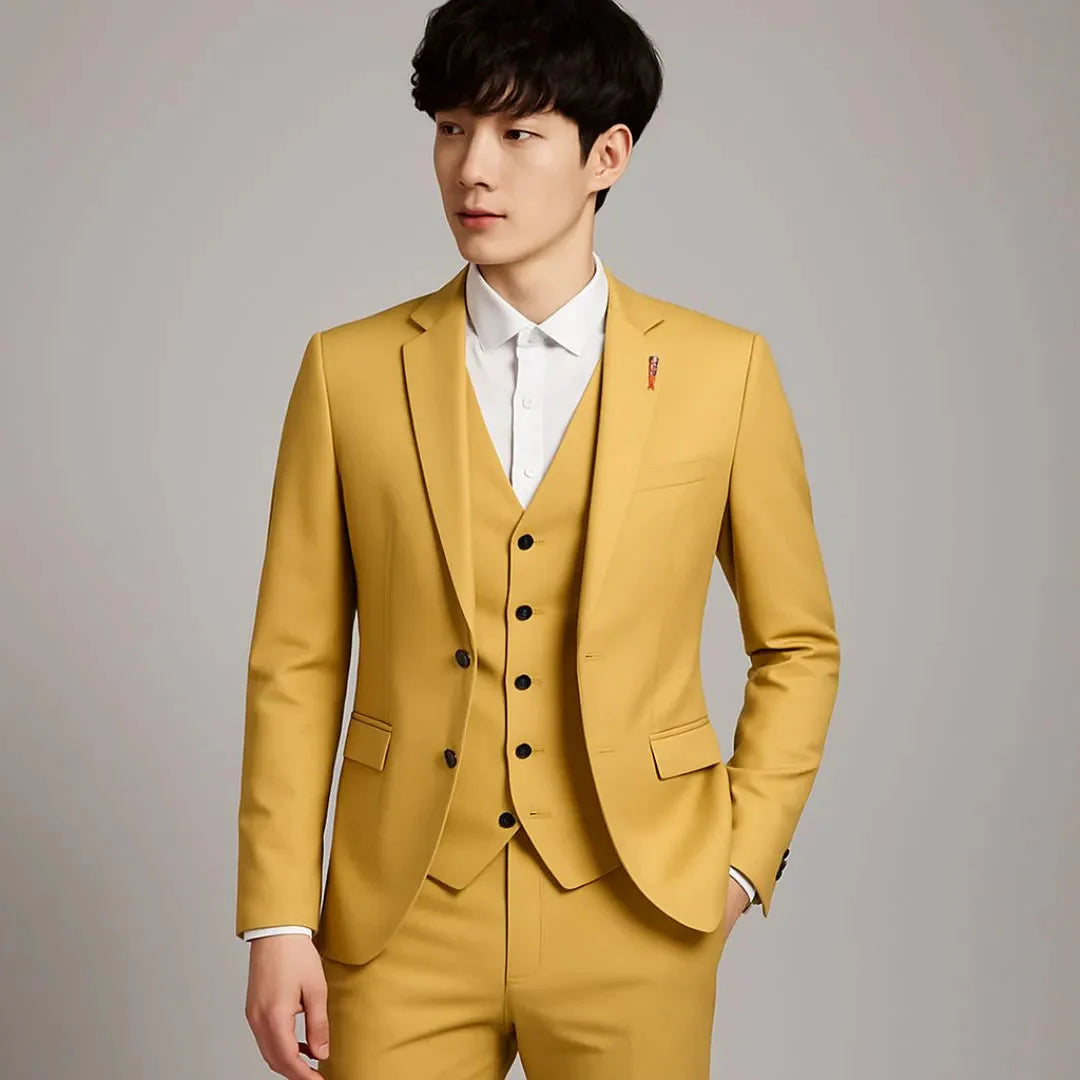 Men's navy 3-piece slim fit suit with structured blazer, fitted vest and tailored trousers