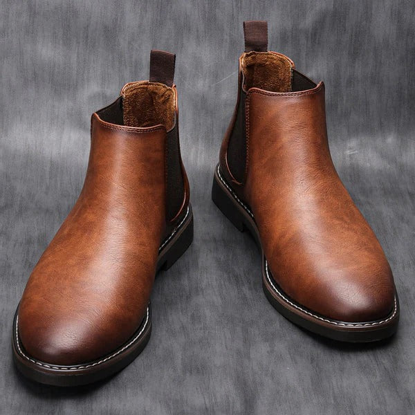 Men's brown leather Chelsea boots structured silhouette elastic side panels versatile work everyday wear