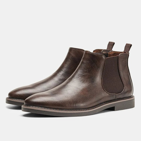 Men's brown leather Chelsea boots structured silhouette elastic side panels versatile work everyday wear