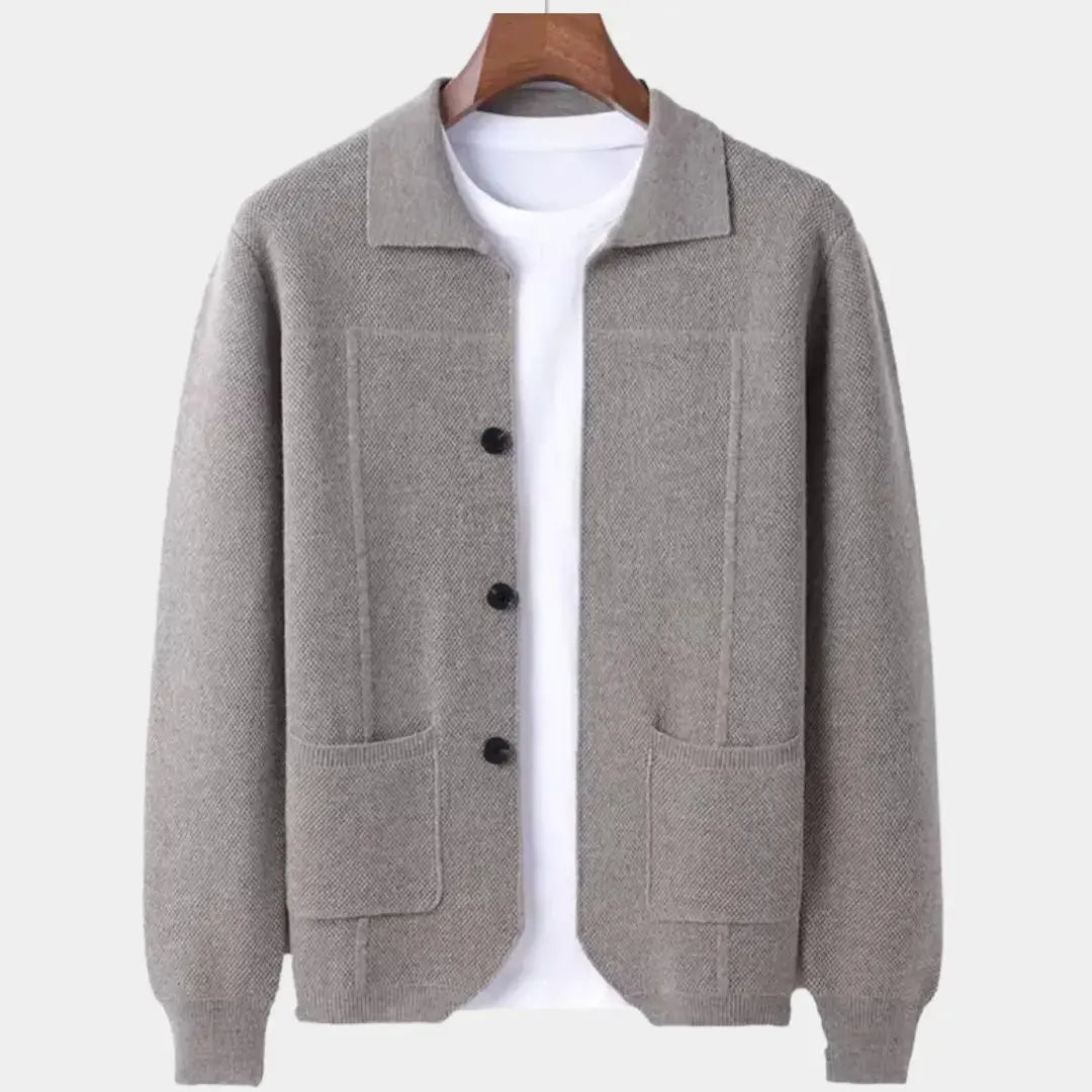Men's wool overshirt cardigan in neutral tone, button-up front, structured knit layering essential