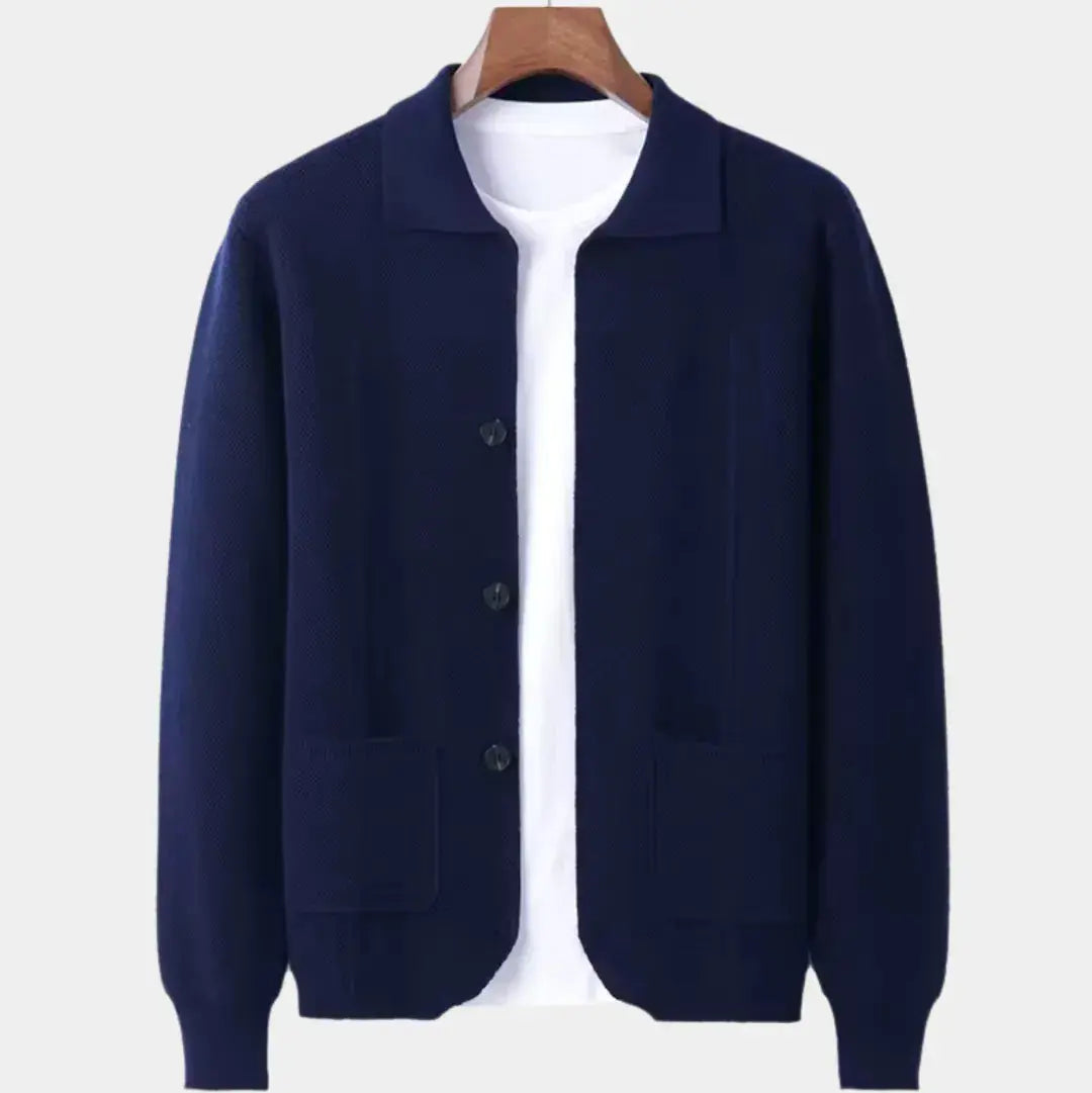 Men's wool overshirt cardigan in neutral tone, button-up structured knit layering piece for everyday wear