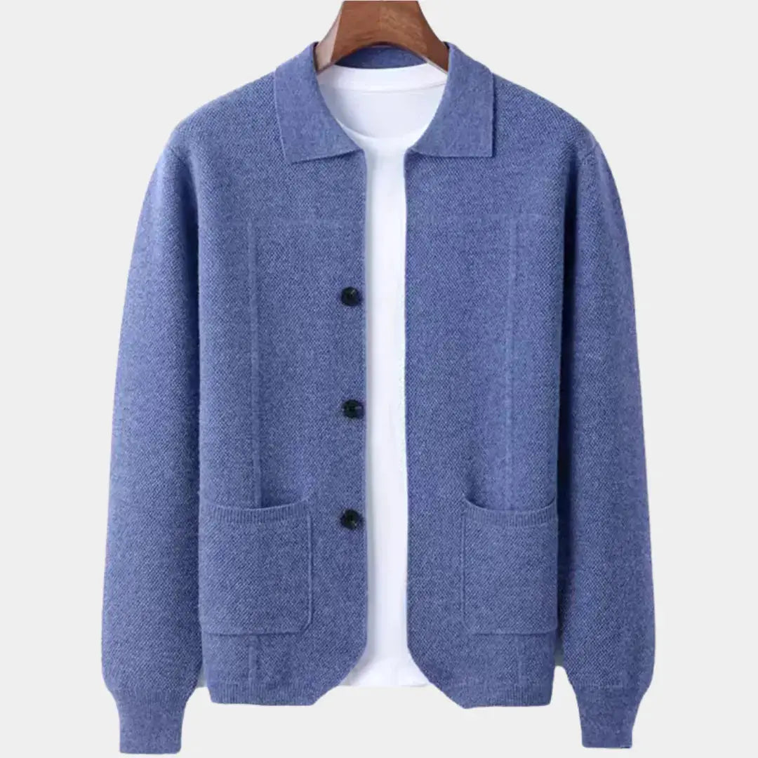 Men's wool overshirt cardigan in neutral tone, button-up relaxed fit with soft textured knit finish