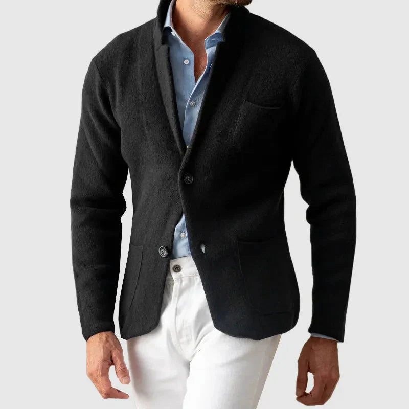 Men's casual knit blazer navy two-button front tailored relaxed fit office weekend versatile