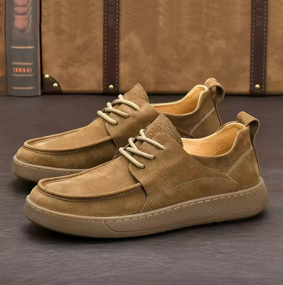 Men's brown genuine leather moccasin slip-on with cushioned sole and non-slip outsole