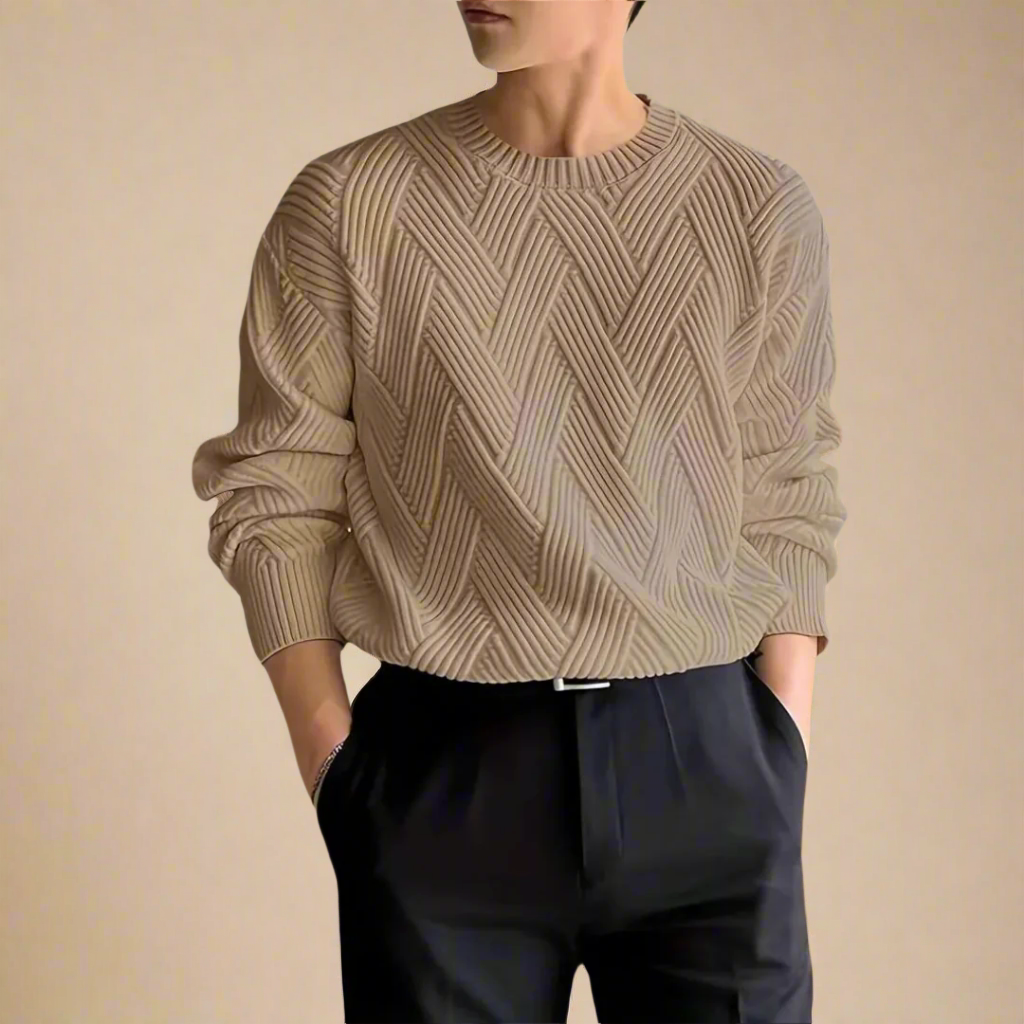 Men's cable knit sweater cozy elegant comfort classic textured wool pullover in neutral tone