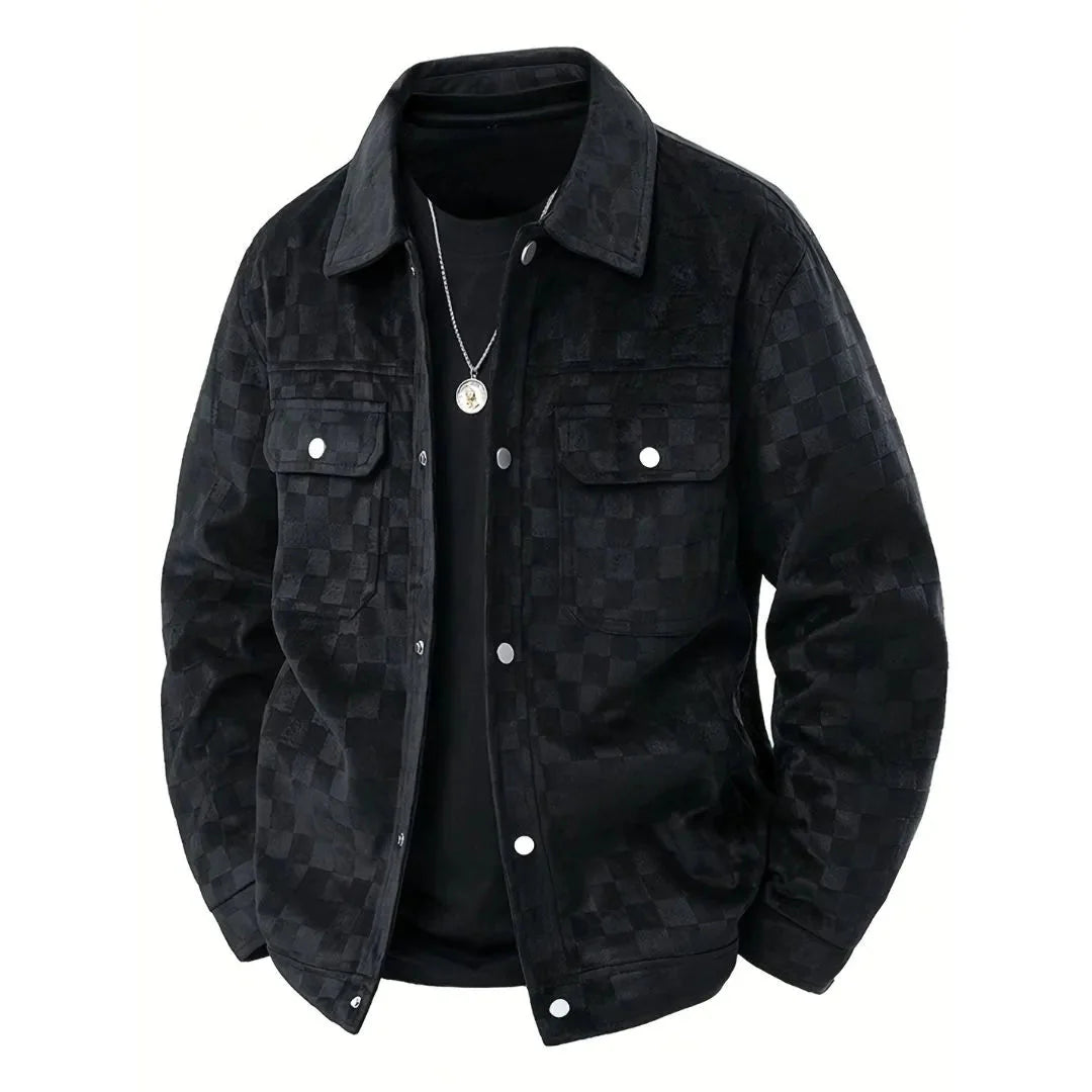 Men's checkerboard velour suede jacket with satin lining, modern urban fit, tonal texture